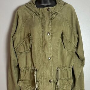 American Eagle Utility Jacket Women SZ MD Army Green Full Zip Hooded Chore Coat